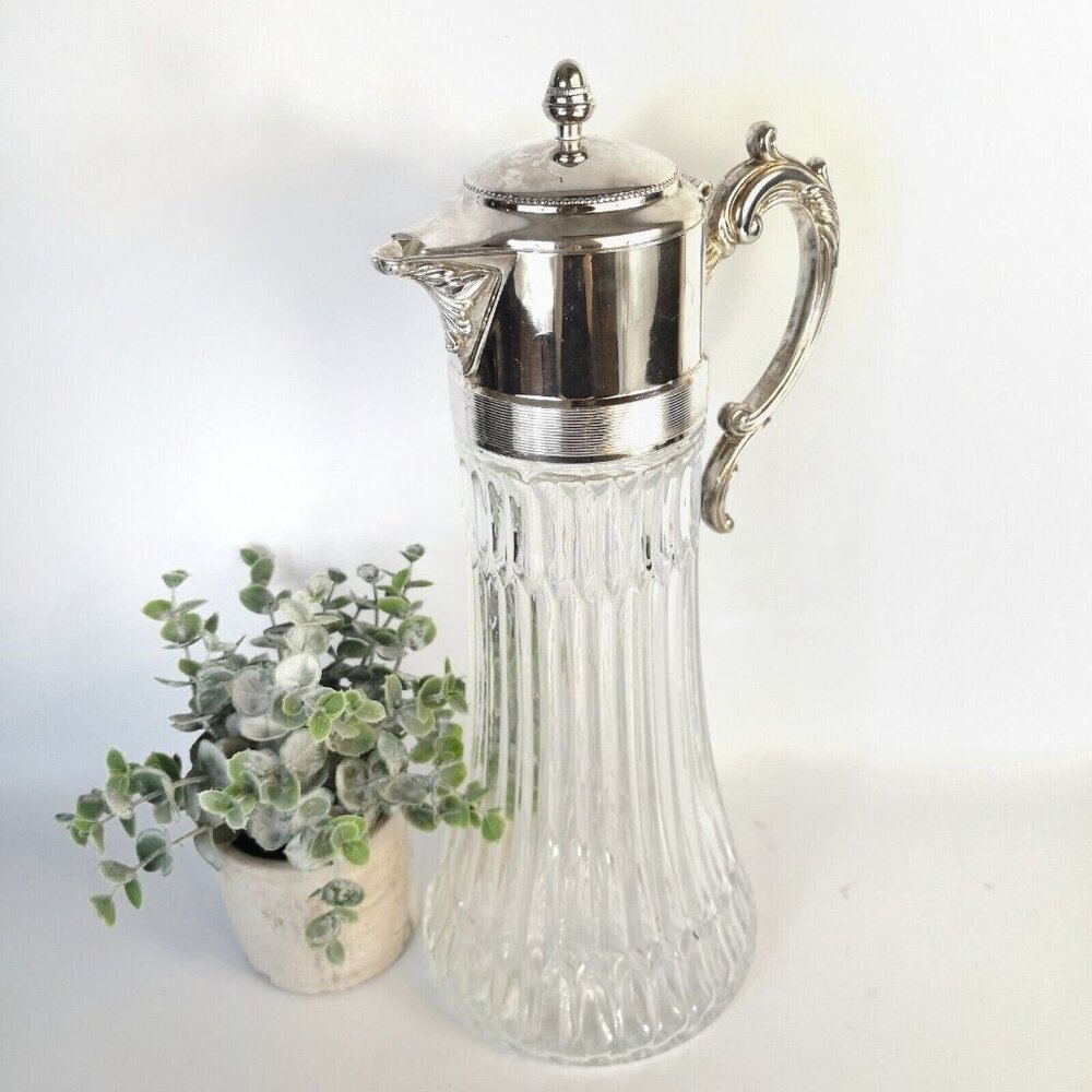 Large vintage Italian Wine Decanter Glass Pitcher Silver Plate Handle with lid